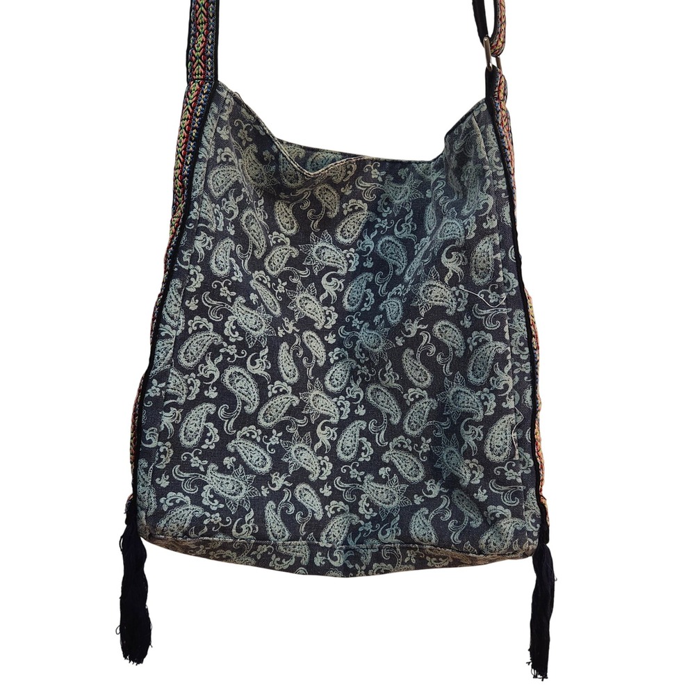 Blue Paisley Boho Hippie Crossbody Bag with Colorful Woven Strap Tassels‎